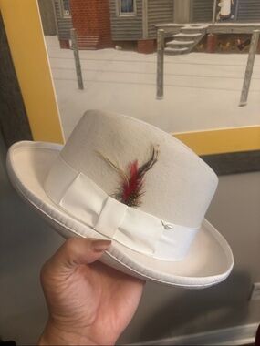 Men's White Fedora Hat with Feather Accent